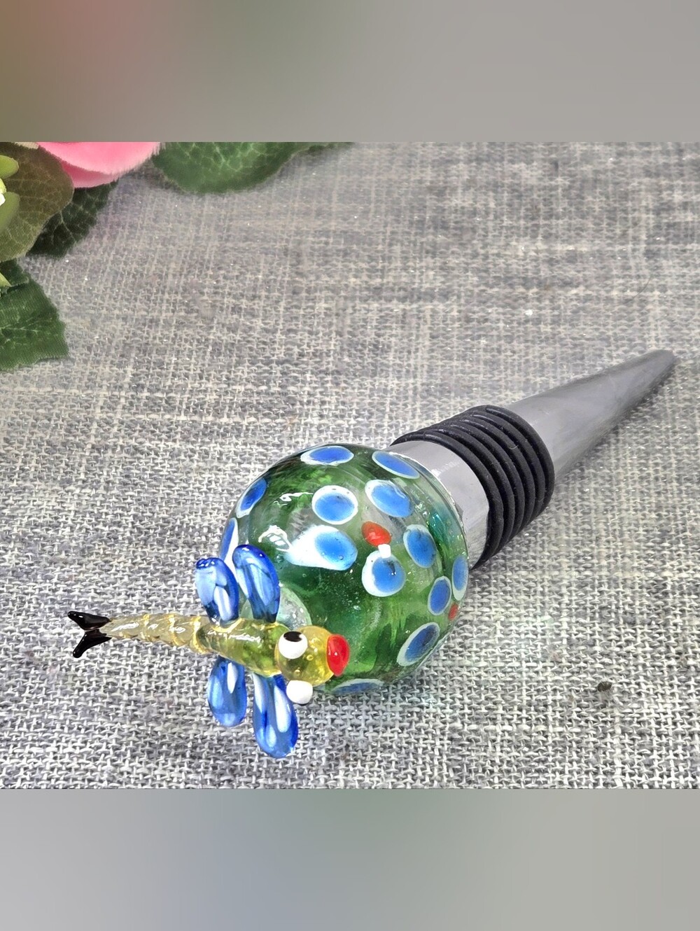 Whimsical Glass Dragonfly Wine Bottle Stopper Murano Style Colorful Orb Barware